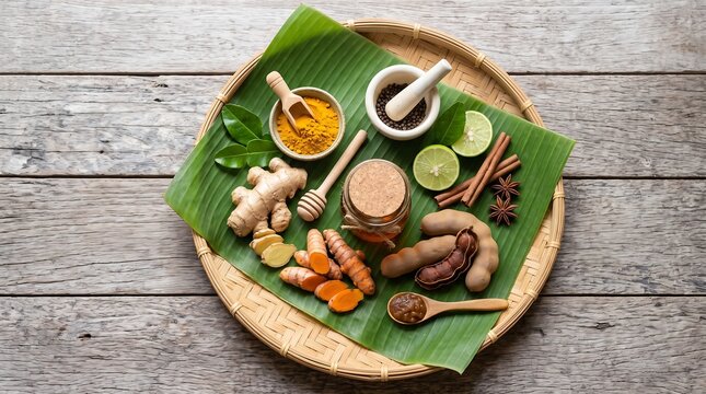 Jamu Herbs on Banana Leaf