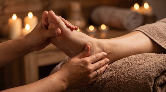 Close up of a therapist hands massaging woman foot in cozy spa room with candles.