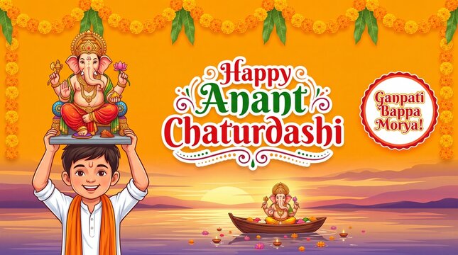 Happy anant chaturdashi festival illustration with young boy carrying lord