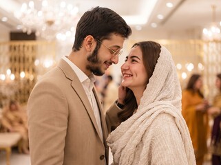 Fototapeta premium Happy couple smiling together at a wedding celebration in a decorated hall