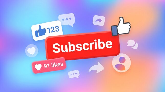 Subscribe button with social media icons and colorful background abstract design