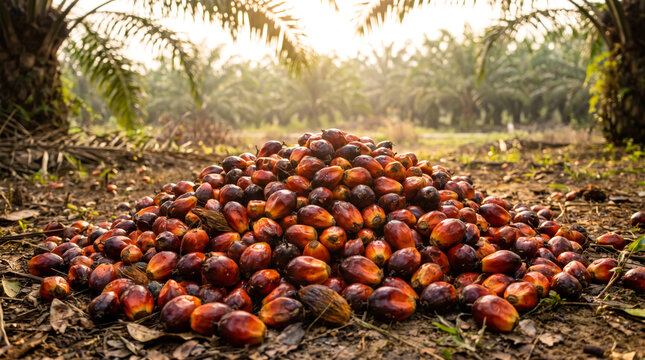 Harvested oil palm fruit in a sunlit plantation