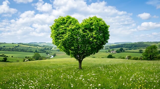 Heart shaped tree in a lush green meadow under a bright blue sky