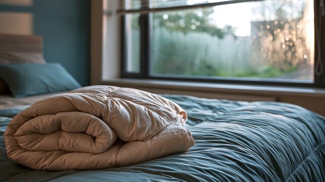 Warme Steppdecke liegt bereit auf einem Bett am Fenster