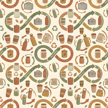 Eco-friendly seamless pattern with reusable containers and recycling symbols