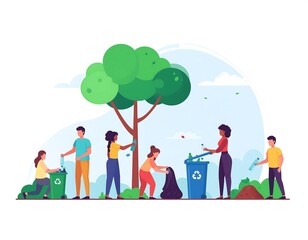 Fototapeta premium Group of volunteers cleaning up plastic waste, putting bottles in recycling bins, and planting a tree under a big green tree.