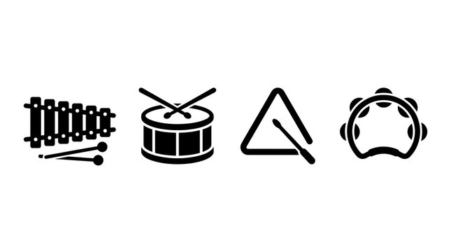 Set of musical instrument icons including xylophone drum triangle and tambourine.