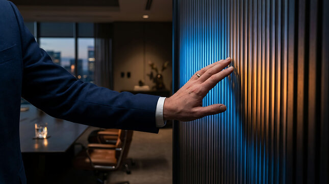 Businessman hand touching modern fluted glass wall in corporate luxury office