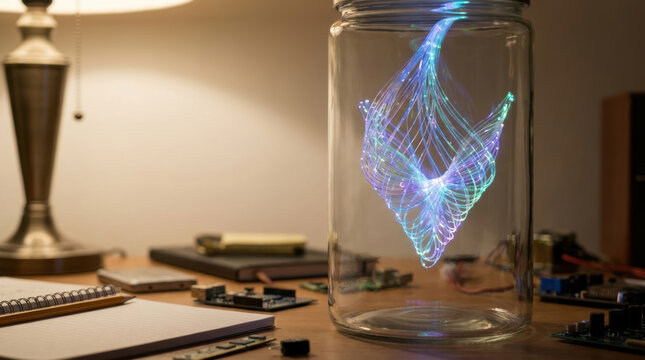 Digital communication online submission glass jar with glowing light art on desk in warm room
