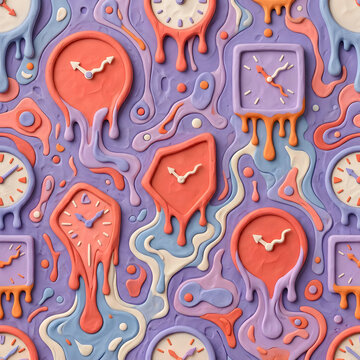 Surreal melting clocks in vibrant abstract background design