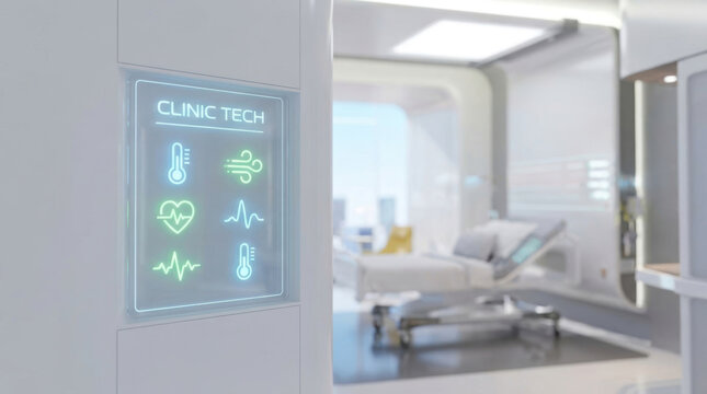 Personalized medicine ai in modern clinic room with glowing health screen and hospital bed