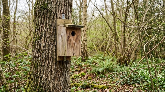 Wooden nesting box attached to forest tree trunk in natural woodland habitat for wildlife conservation and bird shelter