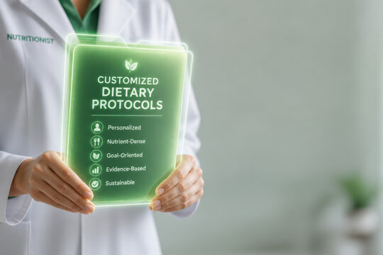 Personalized nutrition science for dietary plan with green medical document in hands of nutritionist, evidence based and sustainable