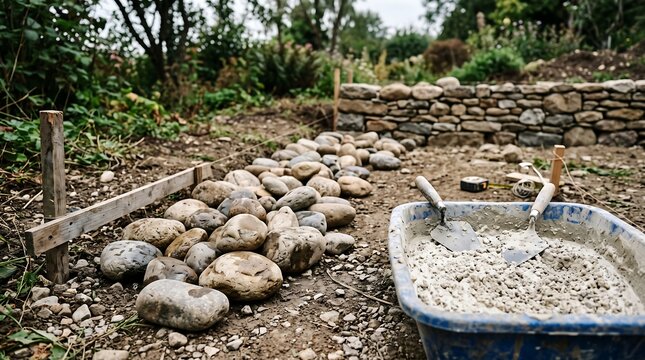 Natural stones arranged for garden landscape construction with masonry tools and mortar