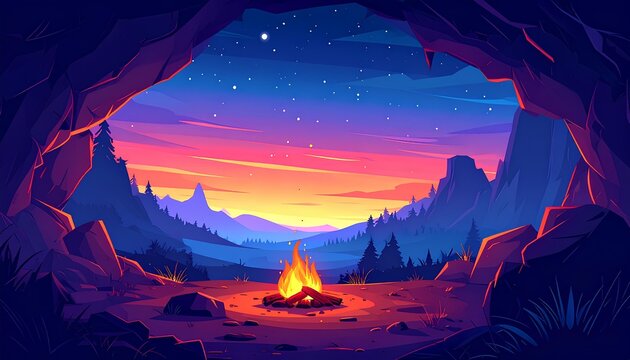 Colorful vector illustration depicting a glowing campfire inside a dark cave overlooking a sunset mountain panorama.