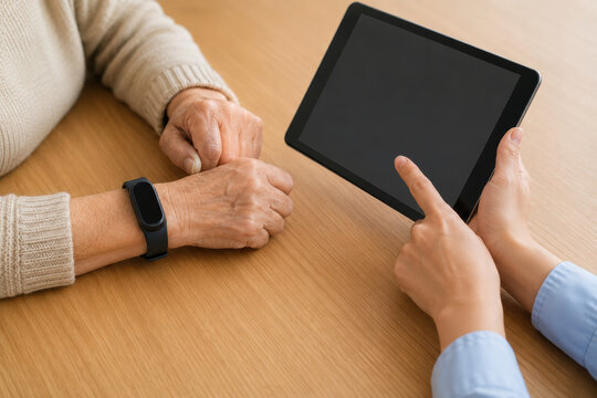 Aging population elder care support for senior health and tablet consultation in calm clinic setting