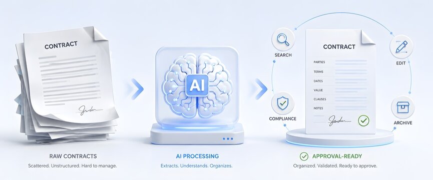 3D AI Contract Processing Concept Transforming Raw Unstructured Documents into Approval Ready Files