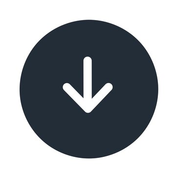 White down arrow icon inside a dark navy blue circle on white background