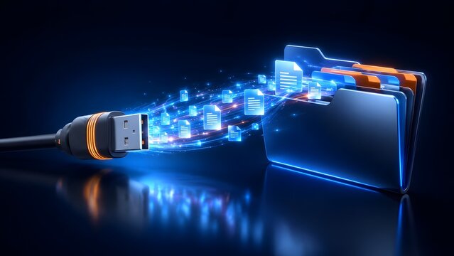USB cable transferring glowing digital document icons into a futuristic blue folder representing high speed file transfer and secure data storage