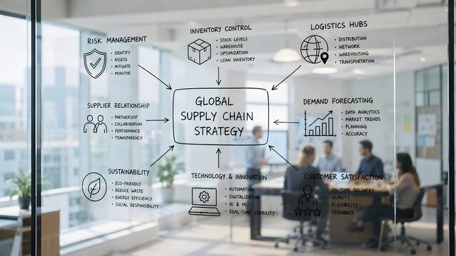 Global supply chain strategy mind map drawn on a glass wall in a modern office meeting room. Business team collaborating on logistics management vector concept. Ideal for planning presentations.