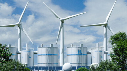 Hydrogen production plant with wind turbines and renewable energy infrastructure- 3D rendering © Vanitjan