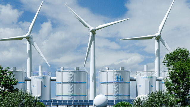 Hydrogen production plant with wind turbines and renewable energy infrastructure- 3D rendering