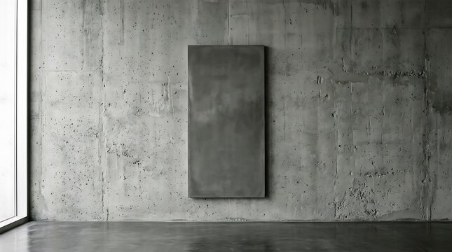 Minimalist vertical dark grey rectangular frame hanging on a textured raw concrete wall in modern interior