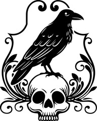 Fototapeta premium SVG vector illustration of a raven skull.Skull with Raven and Bare Trees in Black and White Design