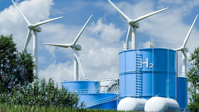 Renewable energy hydrogen power plant with wind turbines- 3D rendering
