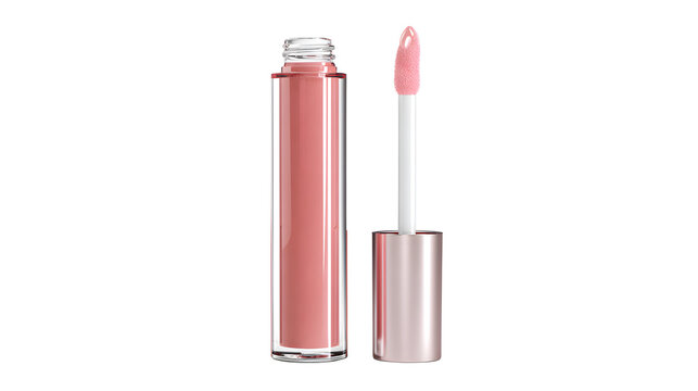 Pink lip gloss in clear tube with applicator with lip liner lip care cosmetics container packaging lipstick product makeup beauty glossy with shiny