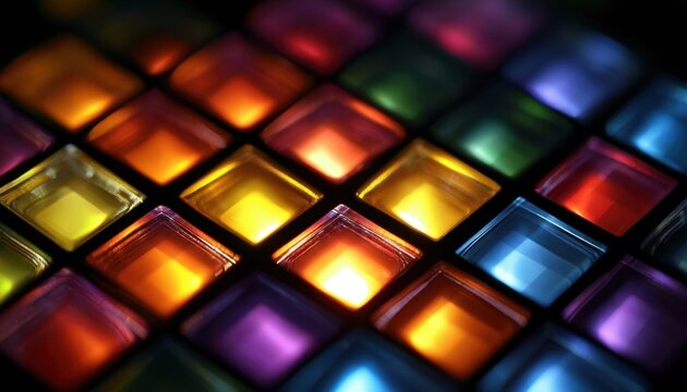 Vibrant multicolor led light grid pattern glowing in dark