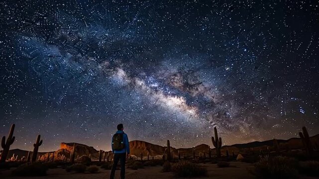 A male backpacker standing in a desert landscape gazing at the breathtaking starry Milky Way galaxy night sky for astronomy and travel concepts