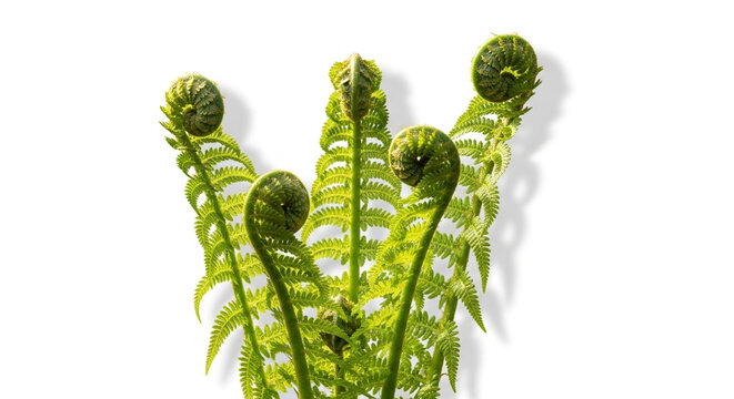 Fresh green fern fiddleheads on white. Young coiled fern leaves isolated on white background.