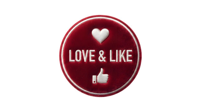 Embroidered red circular patch featuring a white heart, thumbs-up icon, and the text LOVE LIKE in capital letters, with a white border featuring thumbs up, embroidery, social media and symbol