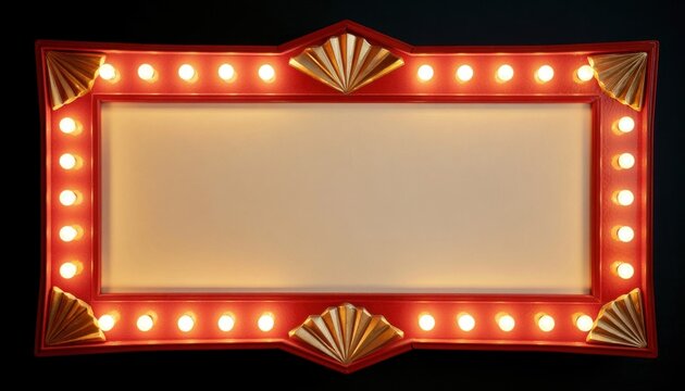 Vintage red rectangular marquee sign with illuminated bulbs and blank cream display area