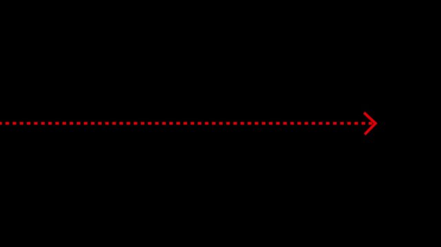Minimalist red dotted line animation with directional arrowhead moving across a solid black background, motion infographic digital presentations, and ui