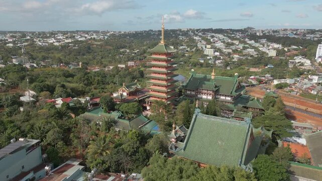 Minh Thanh Pagoda Morning Sunrise Pleiku City Vietnam Drone Track In 4K 30FPS