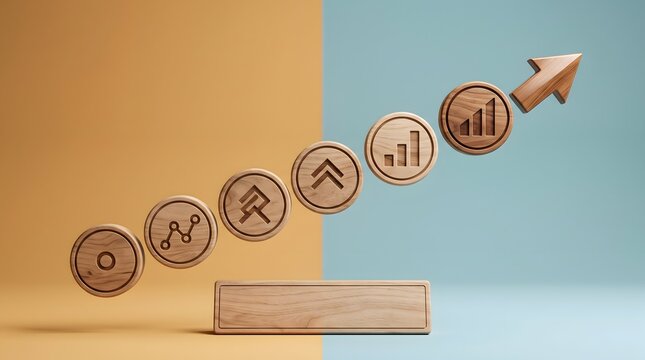 Wooden tokens displaying financial graphs and upward pointing arrow. Concept of business growth strategy, market analysis, and economic development.