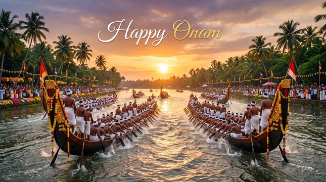 Happy Onam Festival Greeting Banner with Traditional Floral Pookalam, Kerala Culture Celebration Background, Elegant Typography Design