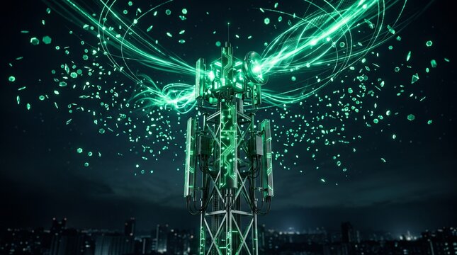 Communication antenna with glowing green circuit patterns, futuristic AI telecommunications concept for sustainable wireless networks and smart connectivity.