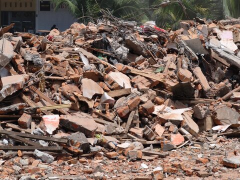 Pile of broken bricks and concrete debris at a construction demolition site