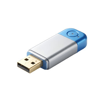 3D realistic blue and silver USB flash drive icon isolated on white background