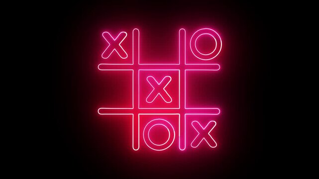 Glowing neon Tic tac toe game icon isolated on black background. Tic tac toe game icon animation. XOX game, educational game animation