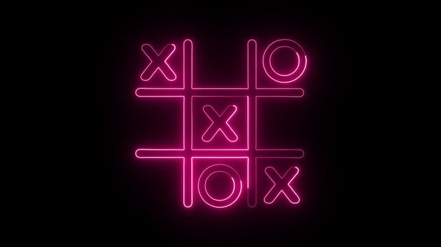 Glowing neon Tic tac toe game icon isolated on black background. Tic tac toe game icon animation. XOX game, educational game animation