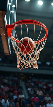 Athletic motion captured in mid-air as a ball is slammed into the rim, sports, hoop