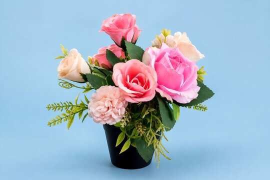 Pink and White Rose Flower Arrangement in Black Pot on Blue Background
