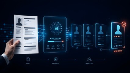 Fototapeta premium Artificial intelligence recruitment workflow diagram showing physical resume input processing and shortlisting to find the best candidate match