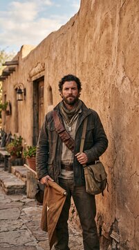 Man in adventurer attire standing in front of a rustic adobe building
