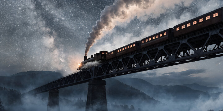 Vintage Illustrated Steam Train Crossing A Tall Steel Truss Bridge At Night With Glowing Lit Windows Billowing Smoke And A Vivid Starry Milky Way Sky Above Distant Misty Mountains