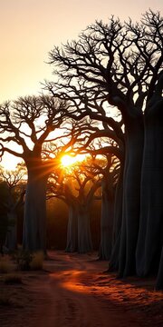 Golden light wraps around ancient baobab trees as sunset approaches on the Avenue of the Baobabs in Madagascar, travel, amazing